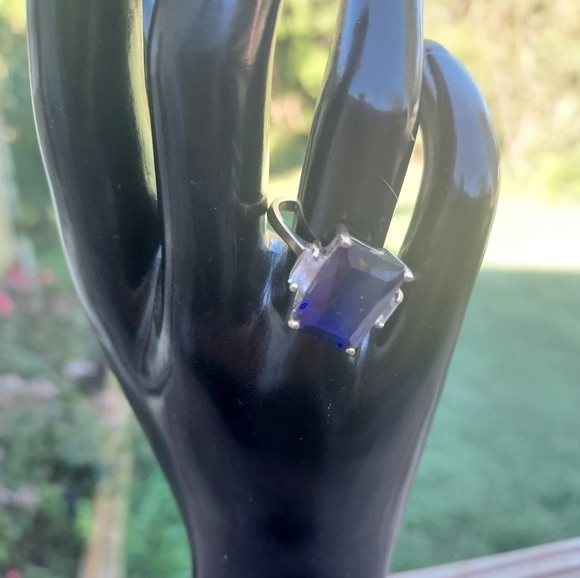 Simulated Sapphire Gold Tone Over 925 Sterling Silver Ring Size 9 - Picture 6 of 7